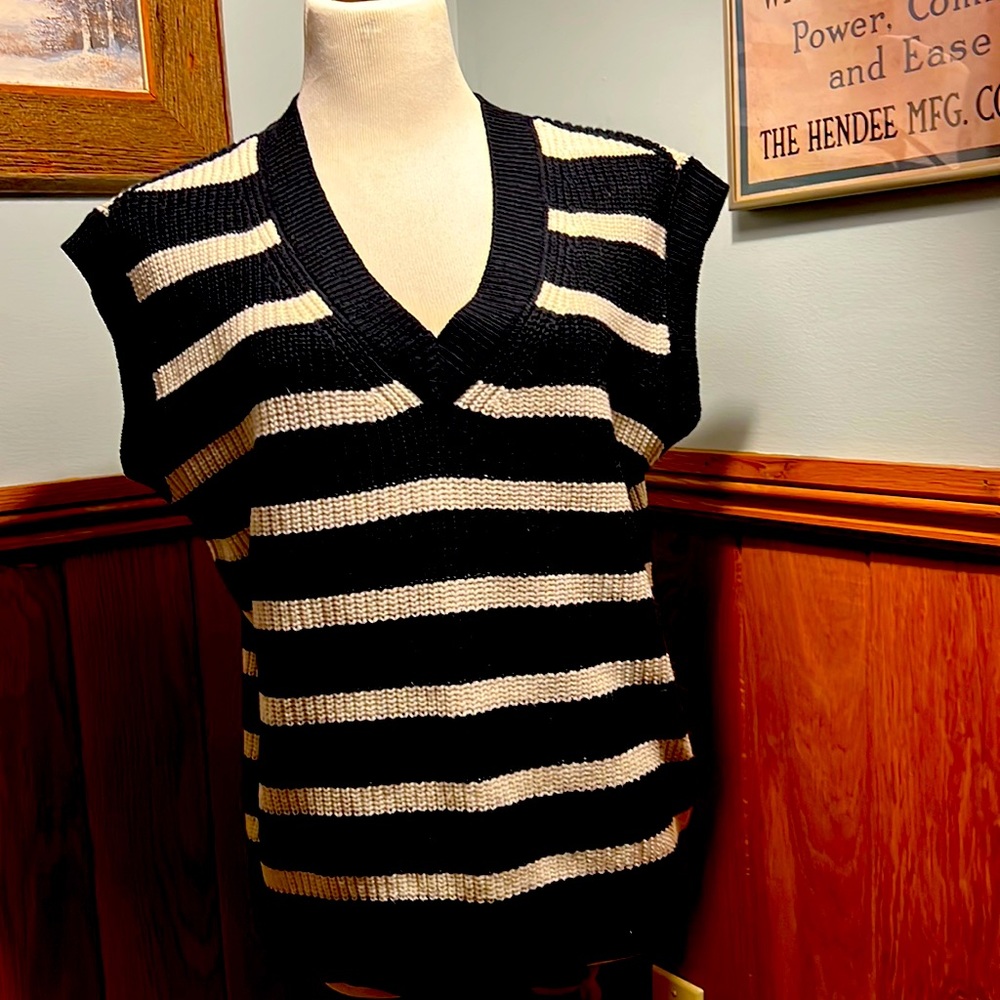 Marled Black and Cream V-Neck Sweater